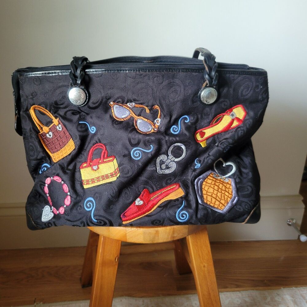 Vintage BRIGHTON Large Black Glam Girl Cindy Purse Embroidered Bags Shoes 90s